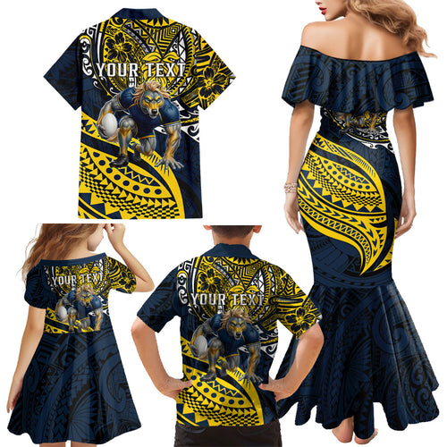 Personalised North Queensland Cowboys Family Matching Mermaid Dress and Hawaiian Shirt Polynesian Tribal Art Style With Powerful Blue Heeler Mascot