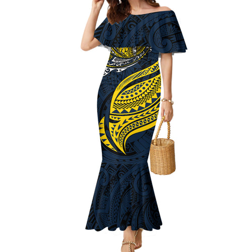 Personalised North Queensland Cowboys Family Matching Mermaid Dress and Hawaiian Shirt Polynesian Tribal Art Style With Powerful Blue Heeler Mascot