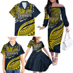Personalised North Queensland Cowboys Family Matching Off The Shoulder Long Sleeve Dress and Hawaiian Shirt Polynesian Tribal Art Style With Powerful Blue Heeler Mascot