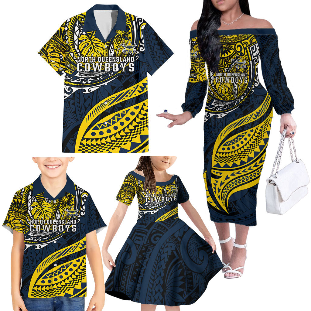 Personalised North Queensland Cowboys Family Matching Off The Shoulder Long Sleeve Dress and Hawaiian Shirt Polynesian Tribal Art Style With Powerful Blue Heeler Mascot