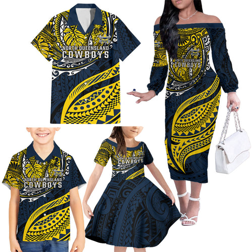 Personalised North Queensland Cowboys Family Matching Off The Shoulder Long Sleeve Dress and Hawaiian Shirt Polynesian Tribal Art Style With Powerful Blue Heeler Mascot