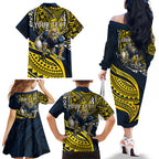 Personalised North Queensland Cowboys Family Matching Off The Shoulder Long Sleeve Dress and Hawaiian Shirt Polynesian Tribal Art Style With Powerful Blue Heeler Mascot