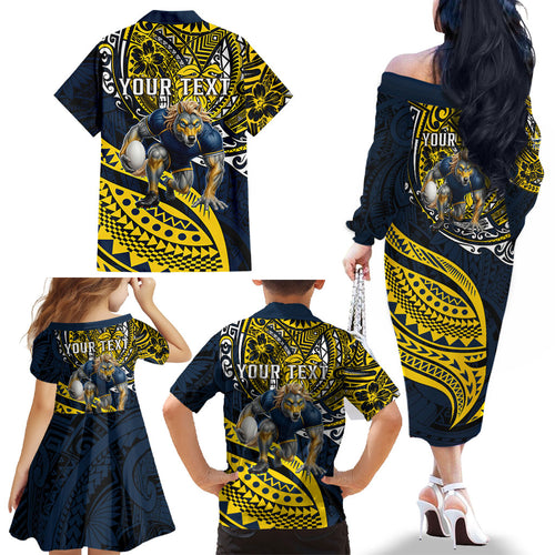 Personalised North Queensland Cowboys Family Matching Off The Shoulder Long Sleeve Dress and Hawaiian Shirt Polynesian Tribal Art Style With Powerful Blue Heeler Mascot