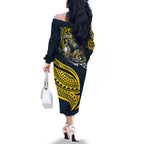 Personalised North Queensland Cowboys Family Matching Off The Shoulder Long Sleeve Dress and Hawaiian Shirt Polynesian Tribal Art Style With Powerful Blue Heeler Mascot