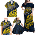 Personalised North Queensland Cowboys Family Matching Off Shoulder Maxi Dress and Hawaiian Shirt Polynesian Tribal Art Style With Powerful Blue Heeler Mascot
