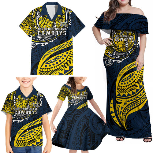 Personalised North Queensland Cowboys Family Matching Off Shoulder Maxi Dress and Hawaiian Shirt Polynesian Tribal Art Style With Powerful Blue Heeler Mascot