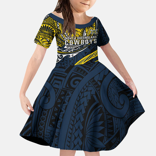 Personalised North Queensland Cowboys Family Matching Off Shoulder Maxi Dress and Hawaiian Shirt Polynesian Tribal Art Style With Powerful Blue Heeler Mascot