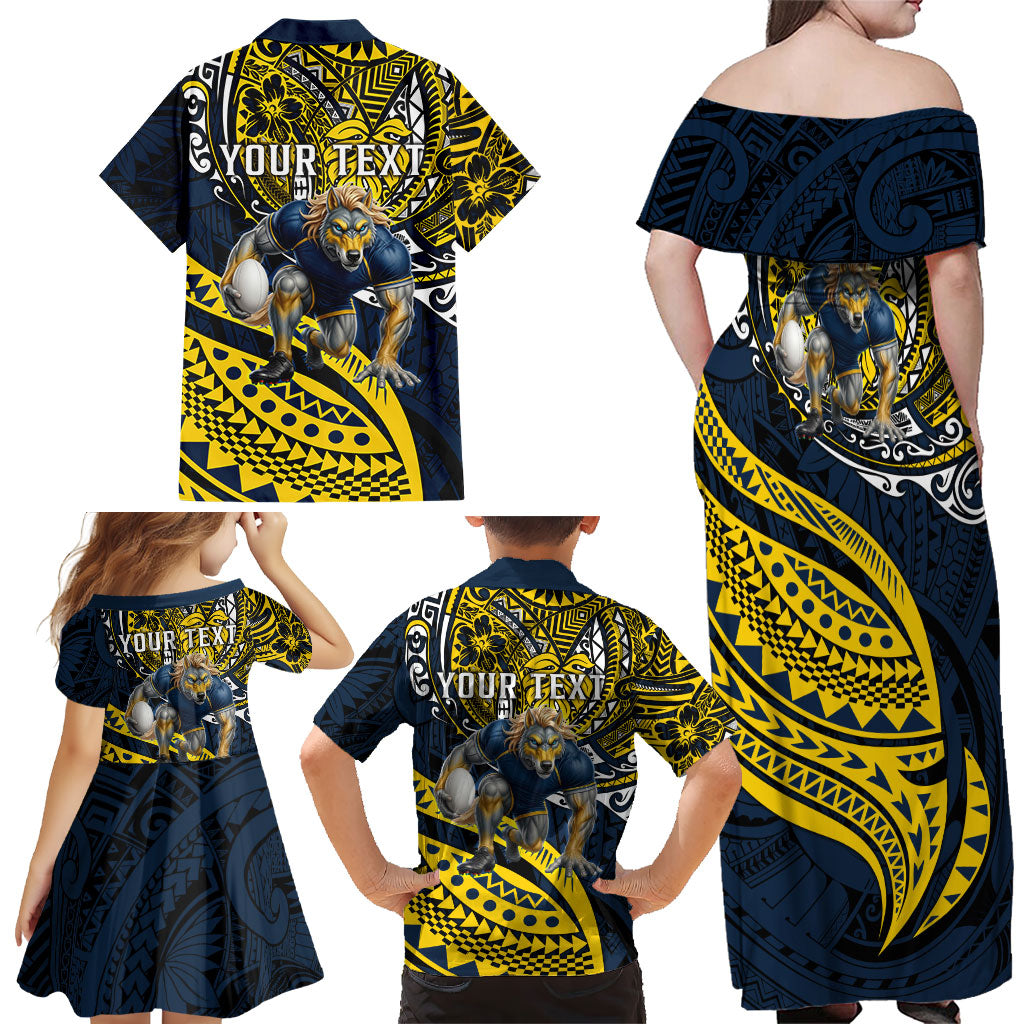 Personalised North Queensland Cowboys Family Matching Off Shoulder Maxi Dress and Hawaiian Shirt Polynesian Tribal Art Style With Powerful Blue Heeler Mascot