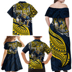 Personalised North Queensland Cowboys Family Matching Off Shoulder Maxi Dress and Hawaiian Shirt Polynesian Tribal Art Style With Powerful Blue Heeler Mascot