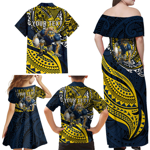 Personalised North Queensland Cowboys Family Matching Off Shoulder Maxi Dress and Hawaiian Shirt Polynesian Tribal Art Style With Powerful Blue Heeler Mascot