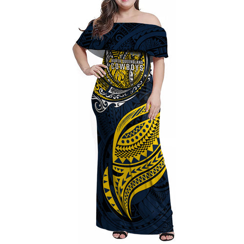 Personalised North Queensland Cowboys Family Matching Off Shoulder Maxi Dress and Hawaiian Shirt Polynesian Tribal Art Style With Powerful Blue Heeler Mascot