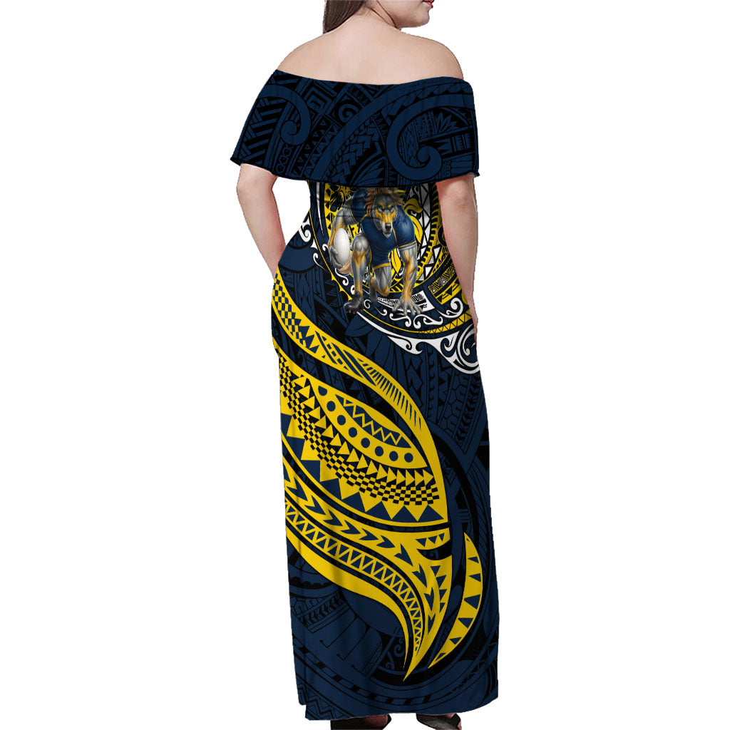 Personalised North Queensland Cowboys Family Matching Off Shoulder Maxi Dress and Hawaiian Shirt Polynesian Tribal Art Style With Powerful Blue Heeler Mascot