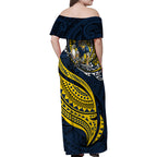 Personalised North Queensland Cowboys Family Matching Off Shoulder Maxi Dress and Hawaiian Shirt Polynesian Tribal Art Style With Powerful Blue Heeler Mascot