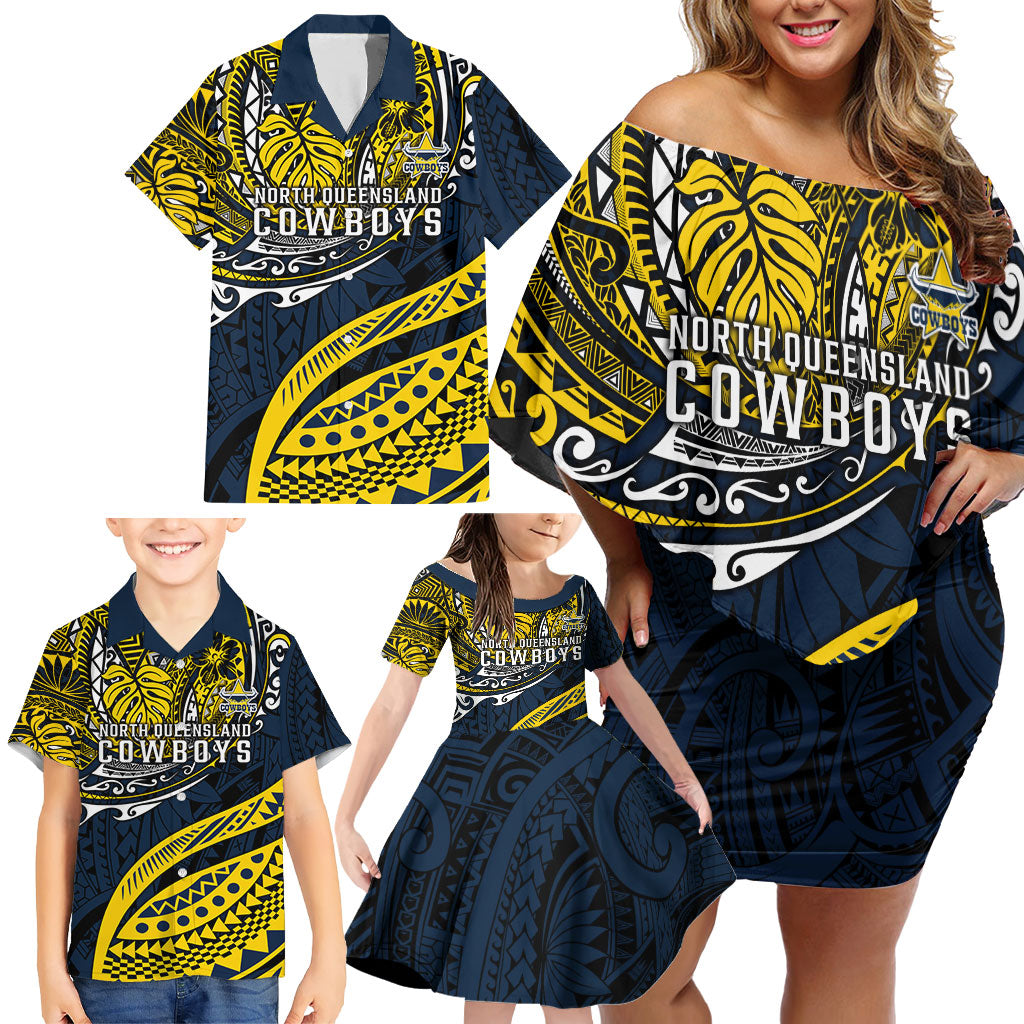 Personalised North Queensland Cowboys Family Matching Off Shoulder Short Dress and Hawaiian Shirt Polynesian Tribal Art Style With Powerful Blue Heeler Mascot