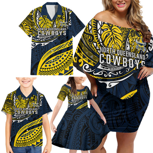 Personalised North Queensland Cowboys Family Matching Off Shoulder Short Dress and Hawaiian Shirt Polynesian Tribal Art Style With Powerful Blue Heeler Mascot