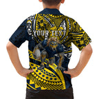 Personalised North Queensland Cowboys Family Matching Off Shoulder Short Dress and Hawaiian Shirt Polynesian Tribal Art Style With Powerful Blue Heeler Mascot