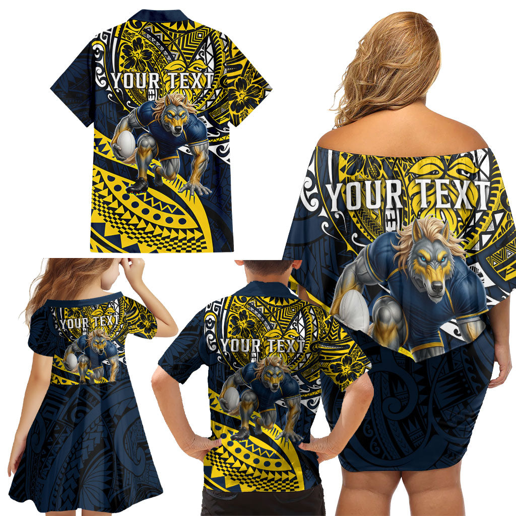 Personalised North Queensland Cowboys Family Matching Off Shoulder Short Dress and Hawaiian Shirt Polynesian Tribal Art Style With Powerful Blue Heeler Mascot