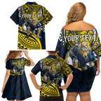 Personalised North Queensland Cowboys Family Matching Off Shoulder Short Dress and Hawaiian Shirt Polynesian Tribal Art Style With Powerful Blue Heeler Mascot