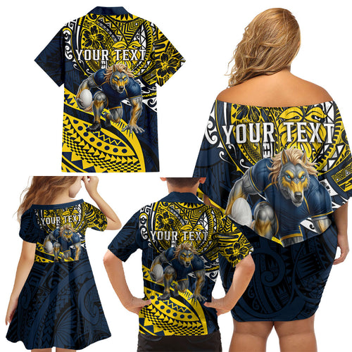Personalised North Queensland Cowboys Family Matching Off Shoulder Short Dress and Hawaiian Shirt Polynesian Tribal Art Style With Powerful Blue Heeler Mascot