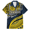 Personalised North Queensland Cowboys Family Matching Off Shoulder Short Dress and Hawaiian Shirt Polynesian Tribal Art Style With Powerful Blue Heeler Mascot