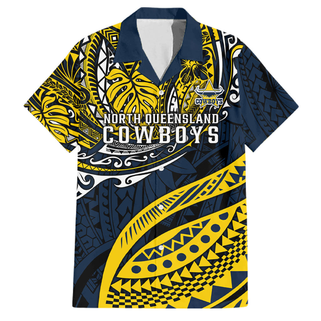 Personalised North Queensland Cowboys Family Matching Off Shoulder Short Dress and Hawaiian Shirt Polynesian Tribal Art Style With Powerful Blue Heeler Mascot
