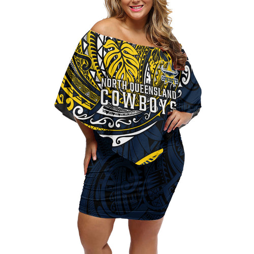 Personalised North Queensland Cowboys Family Matching Off Shoulder Short Dress and Hawaiian Shirt Polynesian Tribal Art Style With Powerful Blue Heeler Mascot