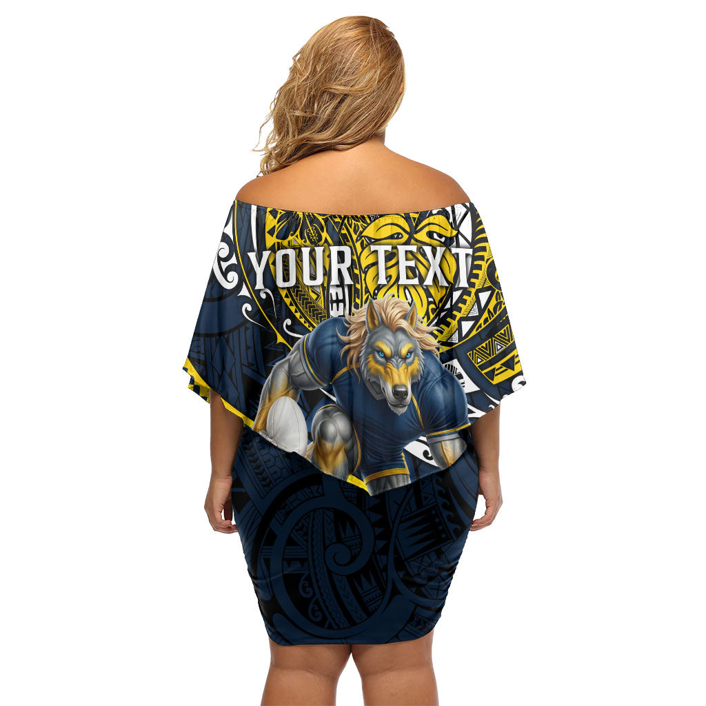 Personalised North Queensland Cowboys Family Matching Off Shoulder Short Dress and Hawaiian Shirt Polynesian Tribal Art Style With Powerful Blue Heeler Mascot