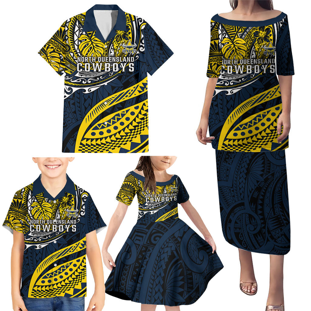 Personalised North Queensland Cowboys Family Matching Puletasi and Hawaiian Shirt Polynesian Tribal Art Style With Powerful Blue Heeler Mascot