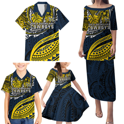 Personalised North Queensland Cowboys Family Matching Puletasi and Hawaiian Shirt Polynesian Tribal Art Style With Powerful Blue Heeler Mascot