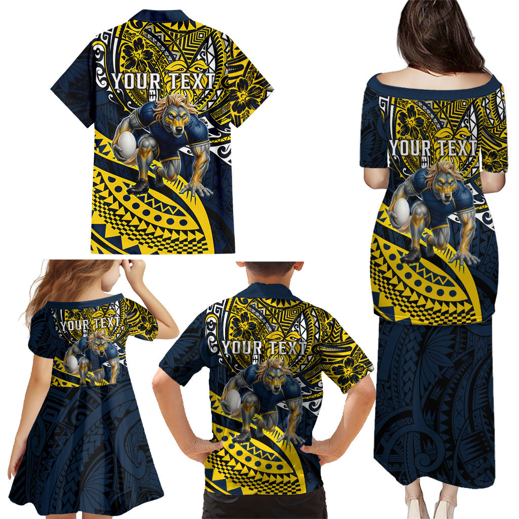Personalised North Queensland Cowboys Family Matching Puletasi and Hawaiian Shirt Polynesian Tribal Art Style With Powerful Blue Heeler Mascot