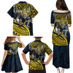 Personalised North Queensland Cowboys Family Matching Puletasi and Hawaiian Shirt Polynesian Tribal Art Style With Powerful Blue Heeler Mascot