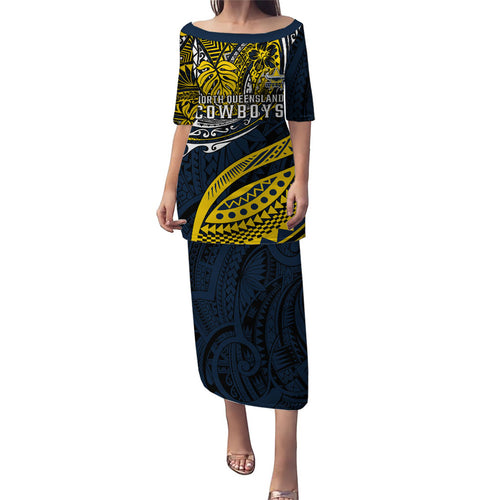 Personalised North Queensland Cowboys Family Matching Puletasi and Hawaiian Shirt Polynesian Tribal Art Style With Powerful Blue Heeler Mascot