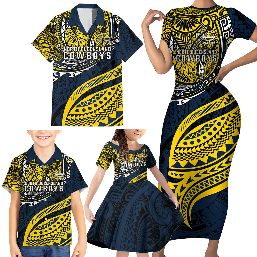Personalised North Queensland Cowboys Family Matching Short Sleeve Bodycon Dress and Hawaiian Shirt Polynesian Tribal Art Style With Powerful Blue Heeler Mascot
