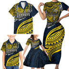 Personalised North Queensland Cowboys Family Matching Short Sleeve Bodycon Dress and Hawaiian Shirt Polynesian Tribal Art Style With Powerful Blue Heeler Mascot