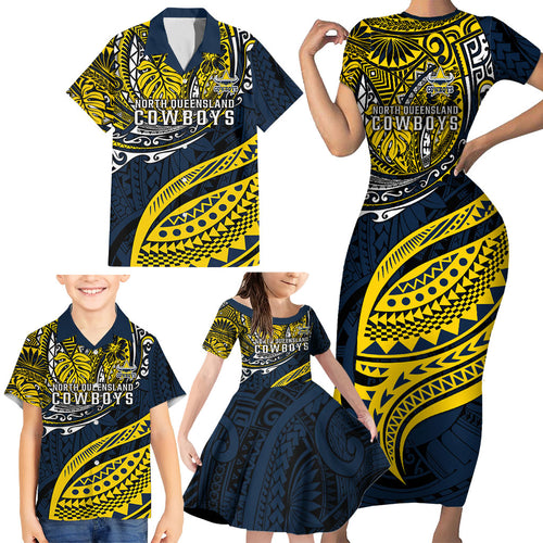 Personalised North Queensland Cowboys Family Matching Short Sleeve Bodycon Dress and Hawaiian Shirt Polynesian Tribal Art Style With Powerful Blue Heeler Mascot