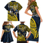 Personalised North Queensland Cowboys Family Matching Short Sleeve Bodycon Dress and Hawaiian Shirt Polynesian Tribal Art Style With Powerful Blue Heeler Mascot