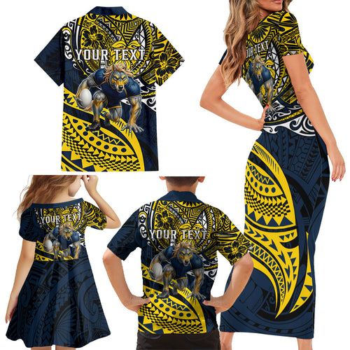Personalised North Queensland Cowboys Family Matching Short Sleeve Bodycon Dress and Hawaiian Shirt Polynesian Tribal Art Style With Powerful Blue Heeler Mascot