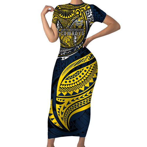 Personalised North Queensland Cowboys Family Matching Short Sleeve Bodycon Dress and Hawaiian Shirt Polynesian Tribal Art Style With Powerful Blue Heeler Mascot