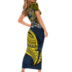 Personalised North Queensland Cowboys Family Matching Short Sleeve Bodycon Dress and Hawaiian Shirt Polynesian Tribal Art Style With Powerful Blue Heeler Mascot