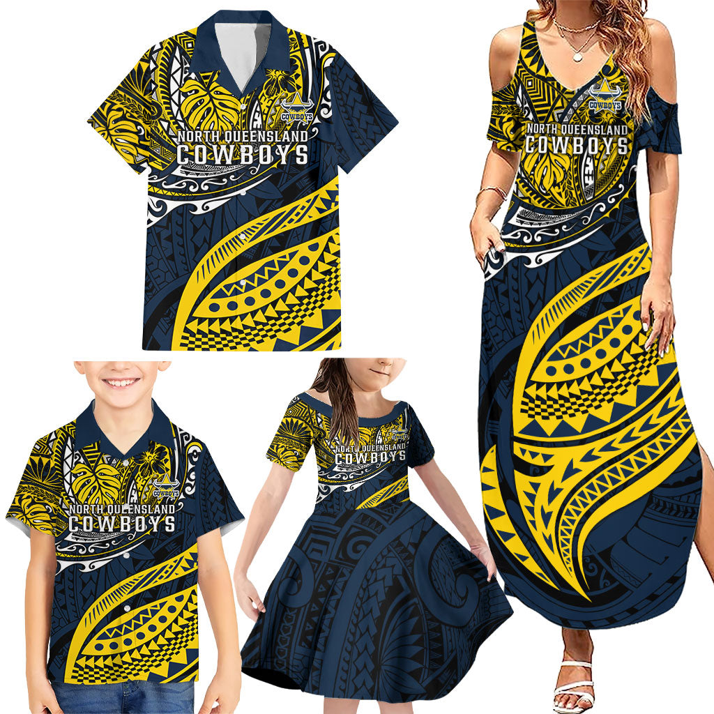Personalised North Queensland Cowboys Family Matching Summer Maxi Dress and Hawaiian Shirt Polynesian Tribal Art Style With Powerful Blue Heeler Mascot