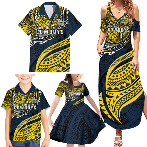 Personalised North Queensland Cowboys Family Matching Summer Maxi Dress and Hawaiian Shirt Polynesian Tribal Art Style With Powerful Blue Heeler Mascot