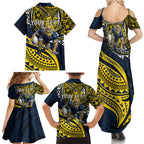 Personalised North Queensland Cowboys Family Matching Summer Maxi Dress and Hawaiian Shirt Polynesian Tribal Art Style With Powerful Blue Heeler Mascot