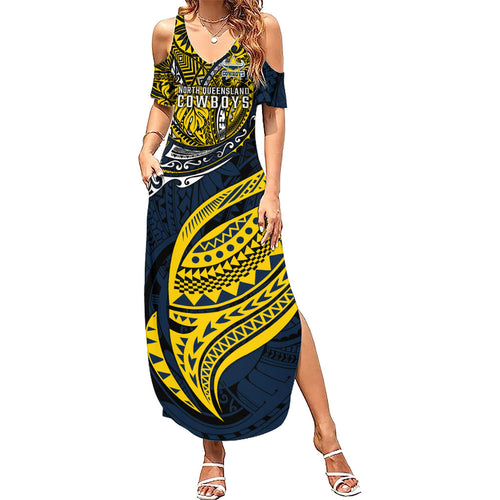 Personalised North Queensland Cowboys Family Matching Summer Maxi Dress and Hawaiian Shirt Polynesian Tribal Art Style With Powerful Blue Heeler Mascot