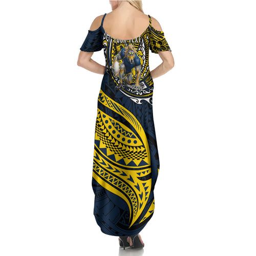 Personalised North Queensland Cowboys Family Matching Summer Maxi Dress and Hawaiian Shirt Polynesian Tribal Art Style With Powerful Blue Heeler Mascot