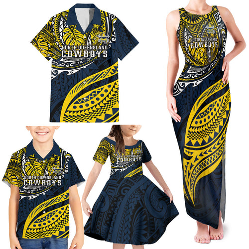 Personalised North Queensland Cowboys Family Matching Tank Maxi Dress and Hawaiian Shirt Polynesian Tribal Art Style With Powerful Blue Heeler Mascot