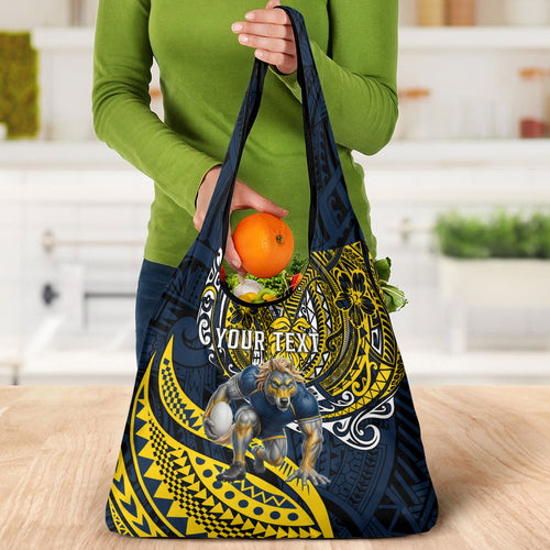 Personalised North Queensland Cowboys Grocery Bag Polynesian Tribal Art Style With Powerful Blue Heeler Mascot