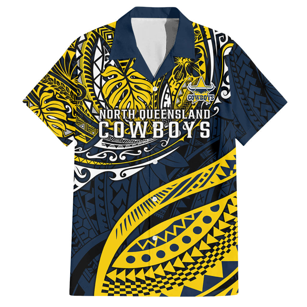 Personalised North Queensland Cowboys Hawaiian Shirt Polynesian Tribal Art Style With Powerful Blue Heeler Mascot