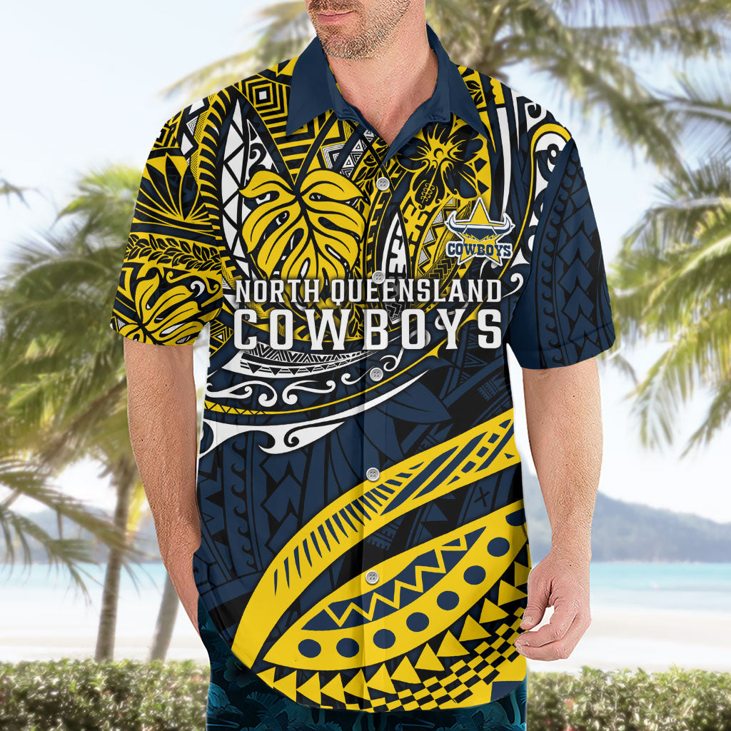 Personalised North Queensland Cowboys Hawaiian Shirt Polynesian Tribal Art Style With Powerful Blue Heeler Mascot