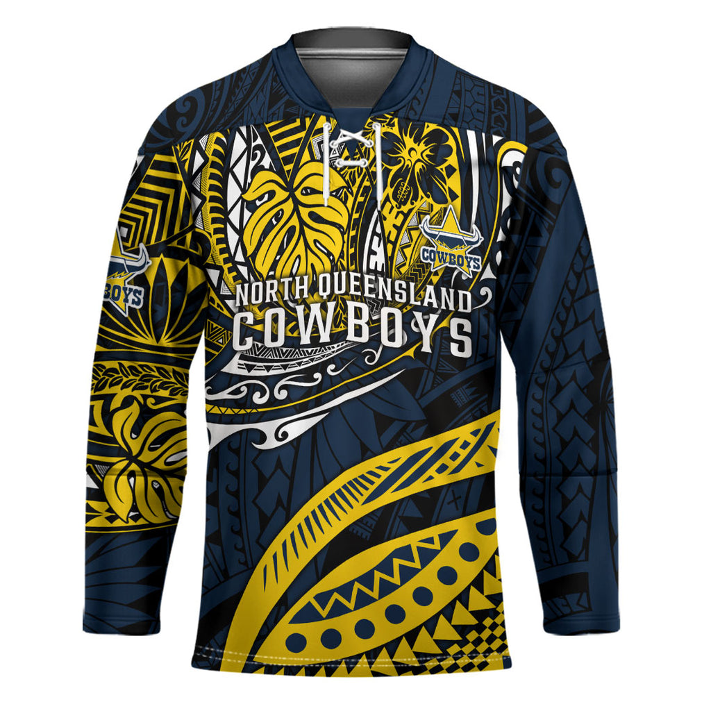 Personalised North Queensland Cowboys Hockey Jersey Polynesian Tribal Art Style With Powerful Blue Heeler Mascot