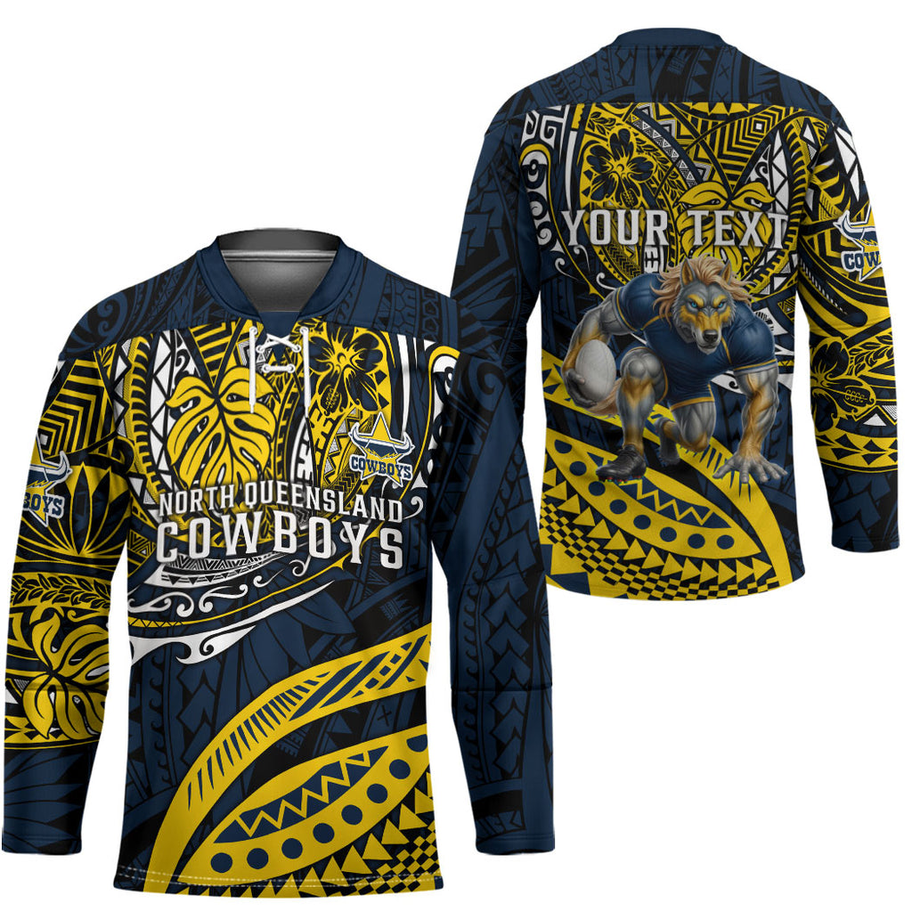 Personalised North Queensland Cowboys Hockey Jersey Polynesian Tribal Art Style With Powerful Blue Heeler Mascot